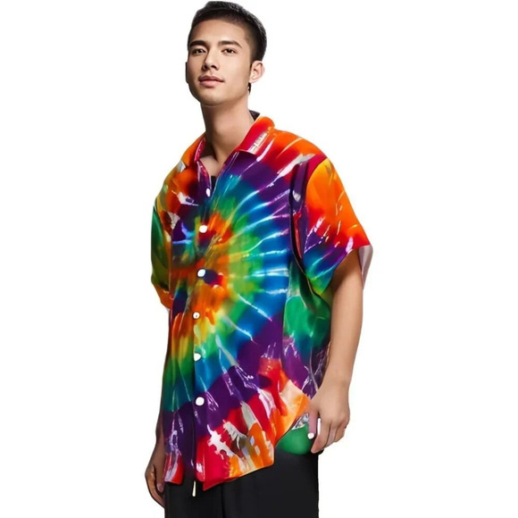 ❤️Men Rainbow Print Short Sleeve Hawaiian Fit Casual Button Down Beach Shirts - Picture 6 of 7